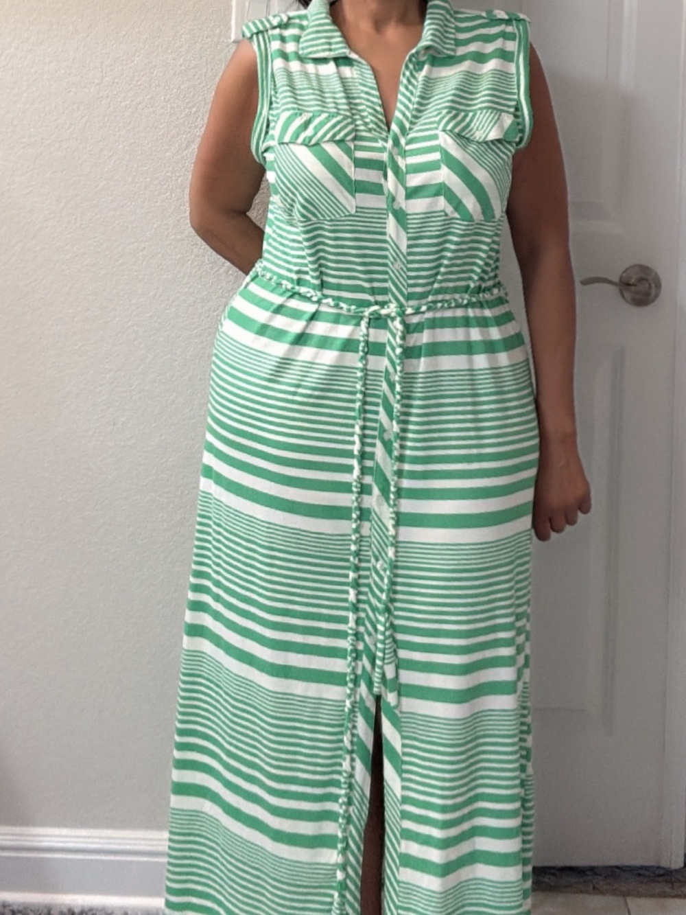 Love Sleeveless Green and White Striped Maxi Shirt Dress with Tie Waist